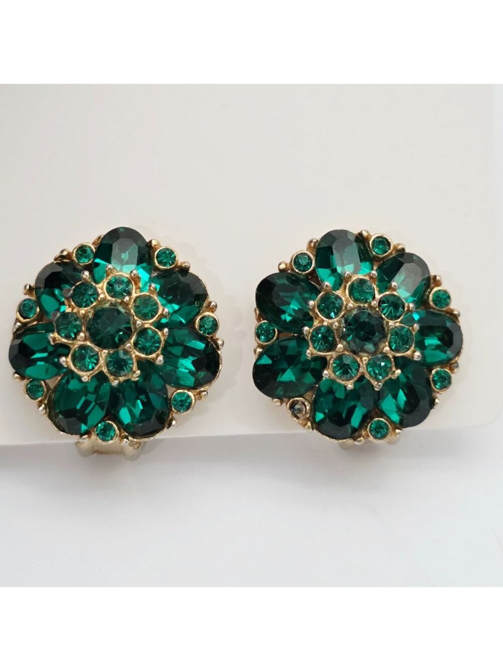 Austrian Crystal Earrings Green Gold-Tone Floral Clip-On Vintage 7/8"